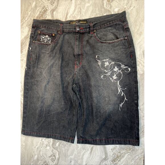 Vintage Jinzu Shorts Mens 42 Grey Denim Baggy Embroidered - Picture 1 of 10